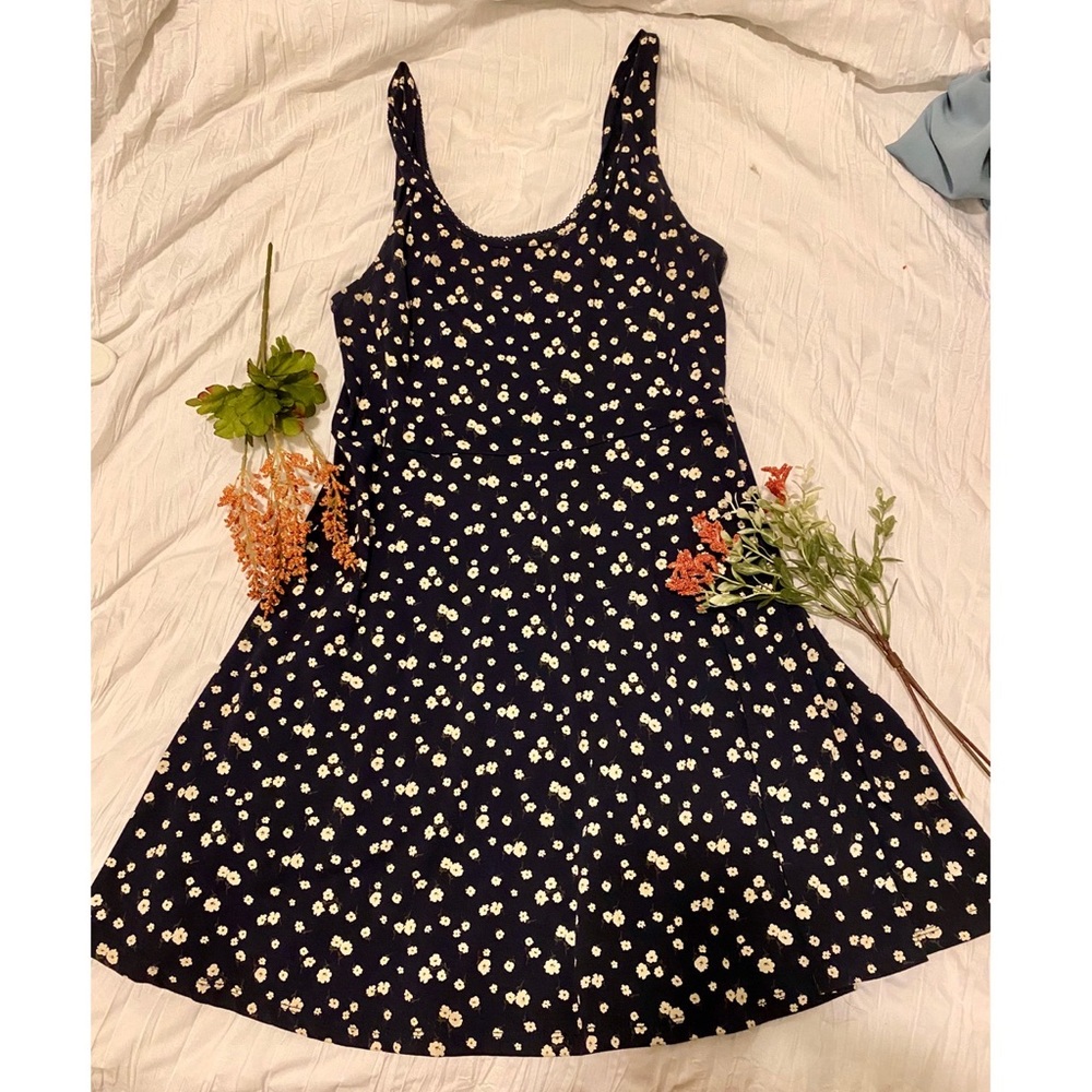 Navy skater dress with ditzy floral print